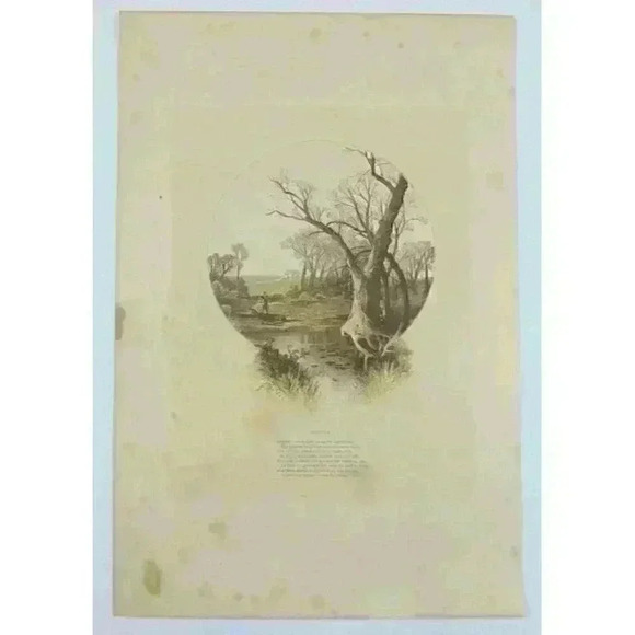 Art Print Farm & Stream in Autumn Fall Trees Poem The Aldine Antique 1870s RARE - Picture 1 of 12